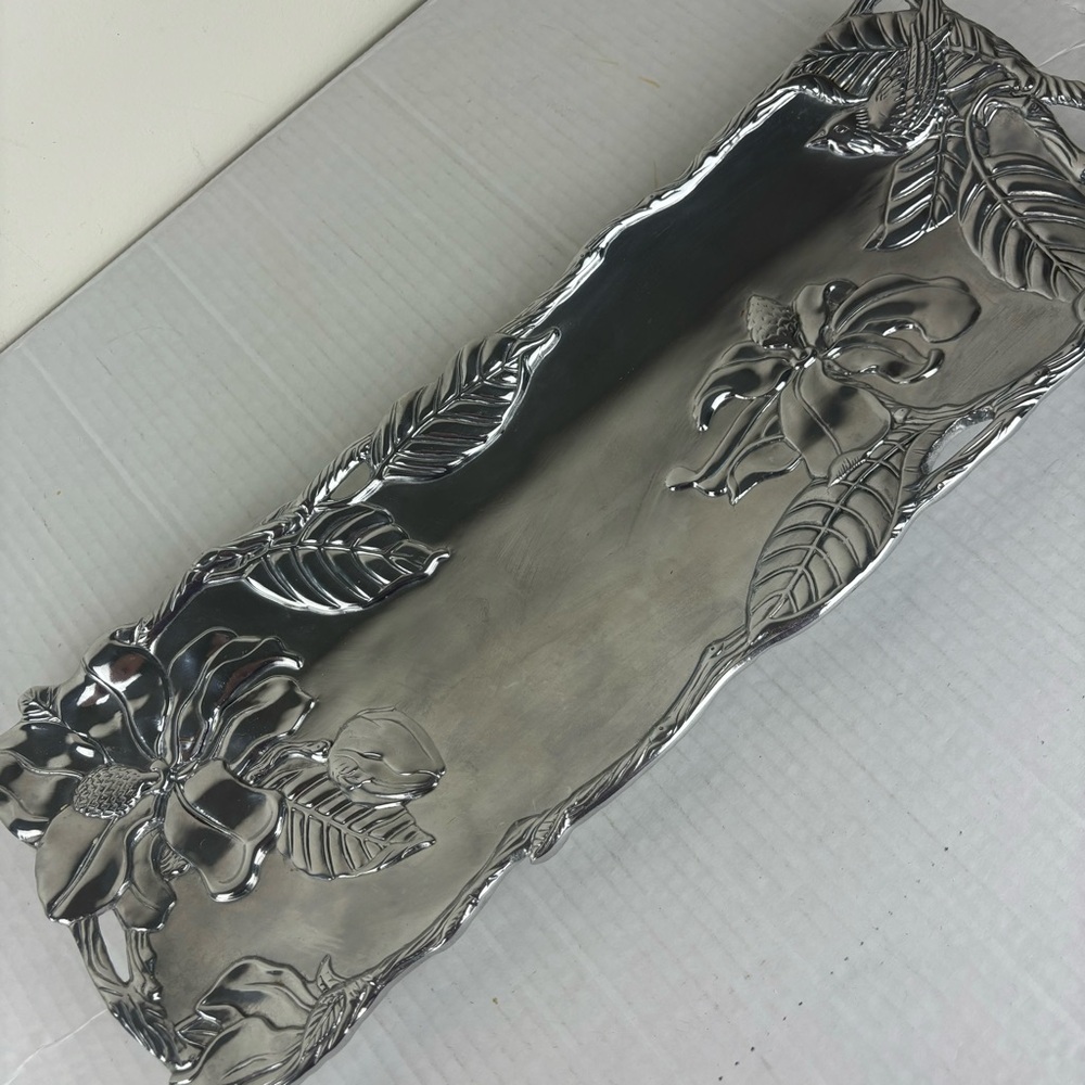 Arthur Court Designs Aluminum Magnolia Flower Metal Oblong Tray/Platter 19”X6”